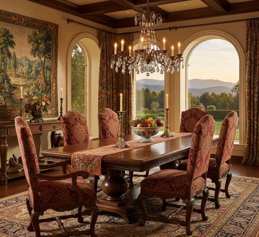 Traditional Dining Set – Classic wood designs, ornate details, often with cushioned chairs.