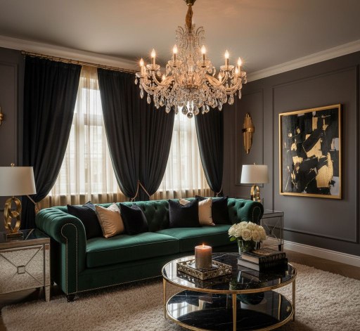 Luxury Glam: Add velvet sofas, gold accents, and statement lighting for a touch of elegance.