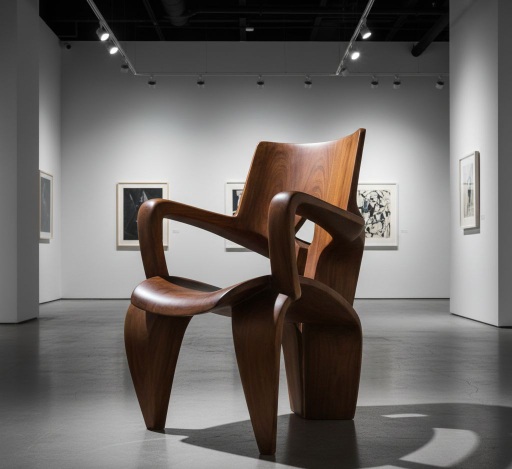 Artistic / Sculptural Wooden Chair:  A unique sculptural wooden chair with artistic curves and geometric design, serving as both furniture and statement art piece.