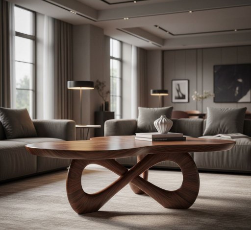 Organic Freeform Wooden Center Table:  An artistic freeform wooden table inspired by natural curves, handcrafted for a unique statement piece.