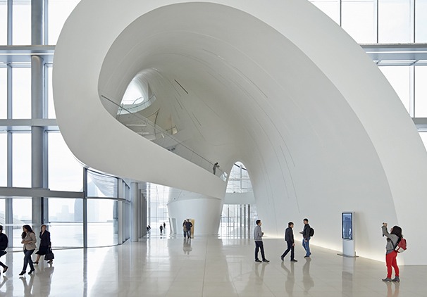 In Baku, the Heydar Aliyev Center stands out with its smooth, flowing curves and seamless white form—an innovative cultural landmark by Zaha Hadid.